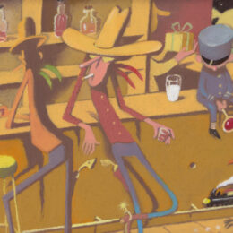 An der Saloon-Bar stehen zwei Cowboys, während ein kleiner Schaffner auf der Theke sitzend eine Spielzeugeisenbahn beobachtet.