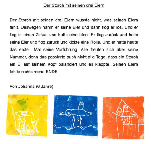 Drei quadratische Kratzbilder in Gelb, Blau und Orange eines Vogels nebst Kurzgeschichte „Der Storch mit seinen drei Eiern“ von Johanna, 6 Jahre.